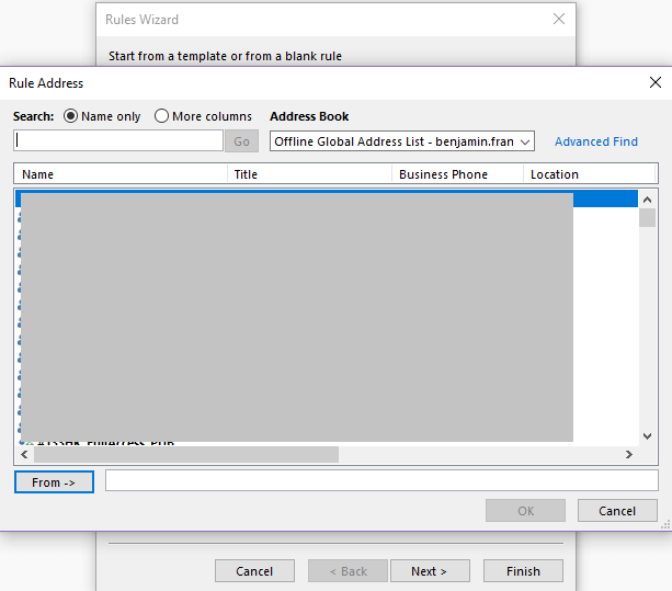 Outlook Rules Wizard: Selecting addresses Image: Outlook Rules Wizard: Selecting addresses