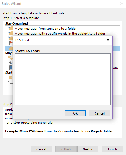 Outlook Rules Wizard: Selecting the RSS feed Image: Outlook Rules Wizard: Selecting the RSS feed