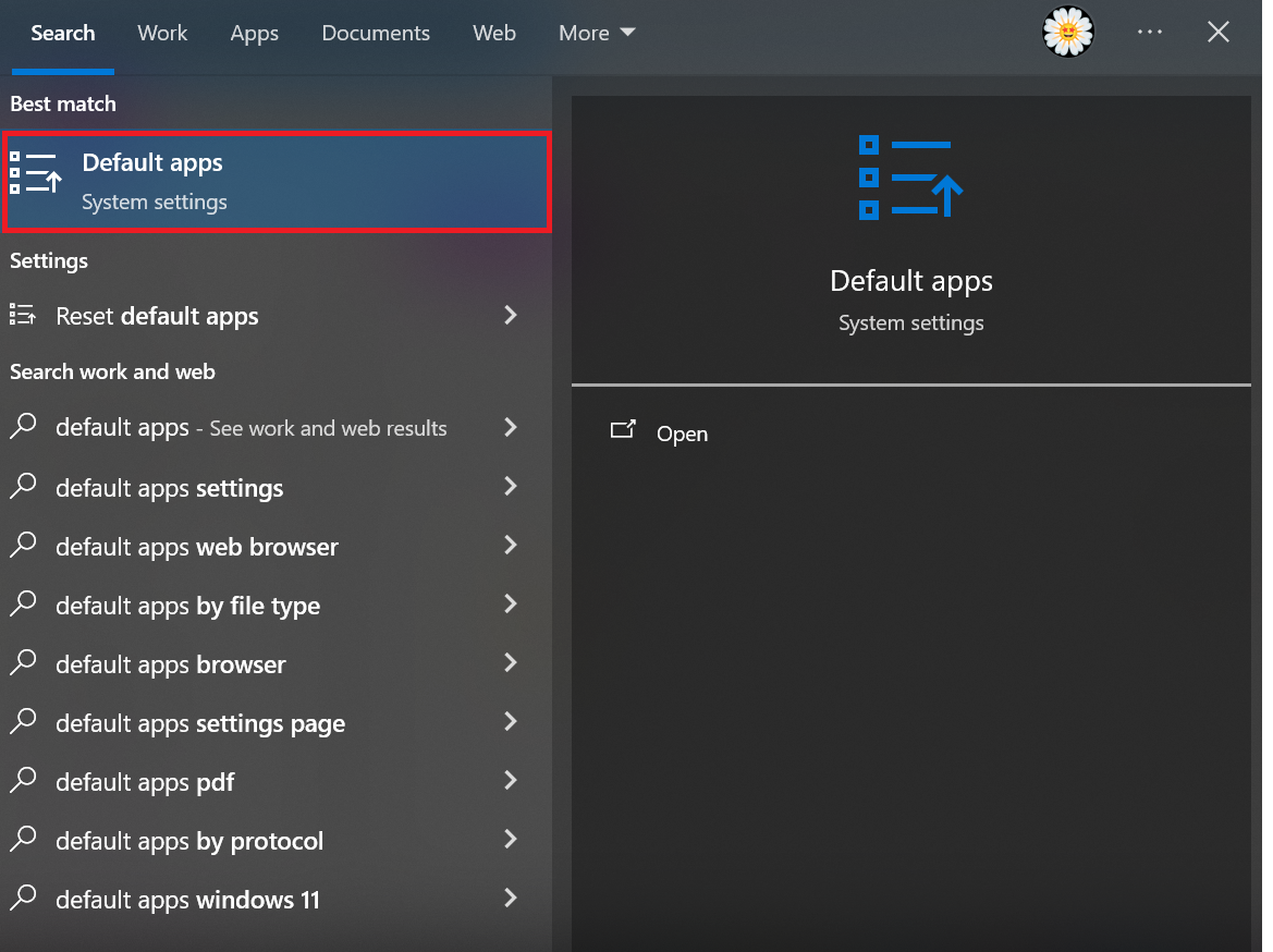 Settings menu “Apps”, sub-item “Default apps” Settings menu “Apps”, sub-item “Default apps”
