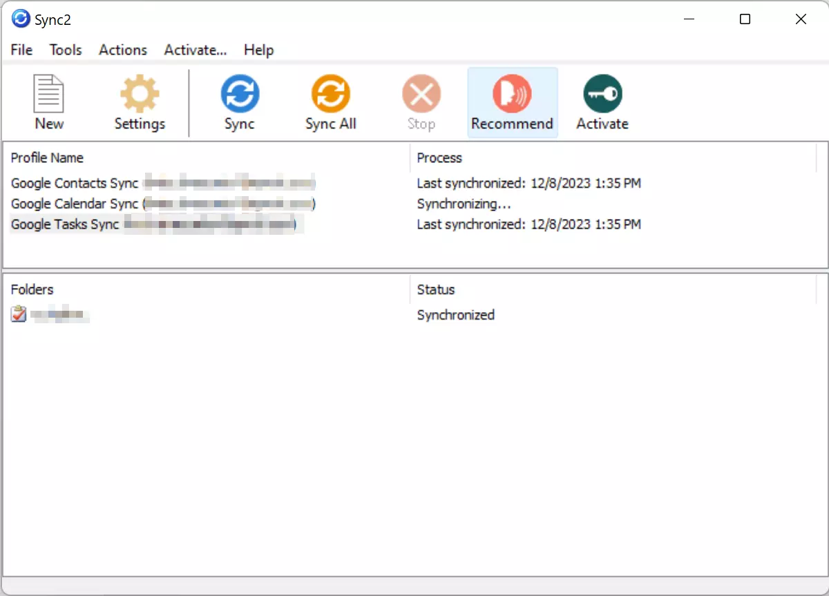 Sync2: Overview of Google data that has been synchronized Sync2: Overview of Google data that has been synchronized