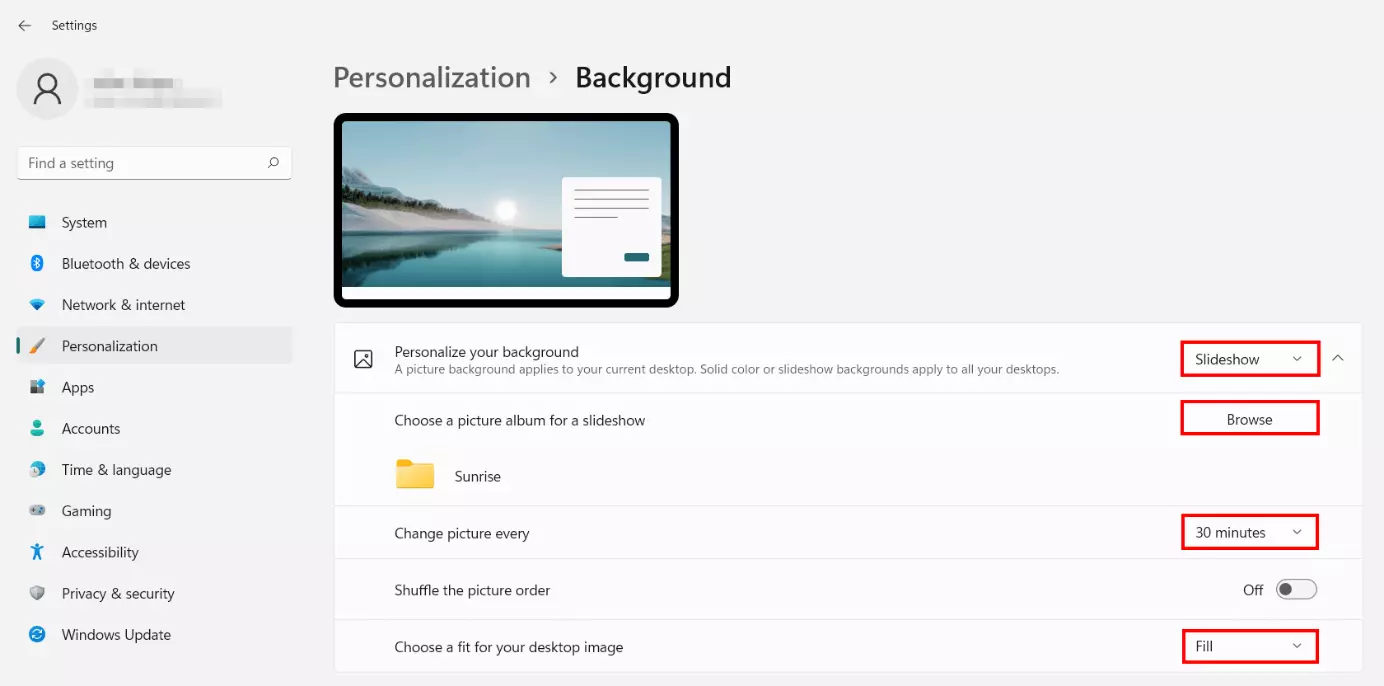 Image: Windows 11: changing desktop theme to slideshow