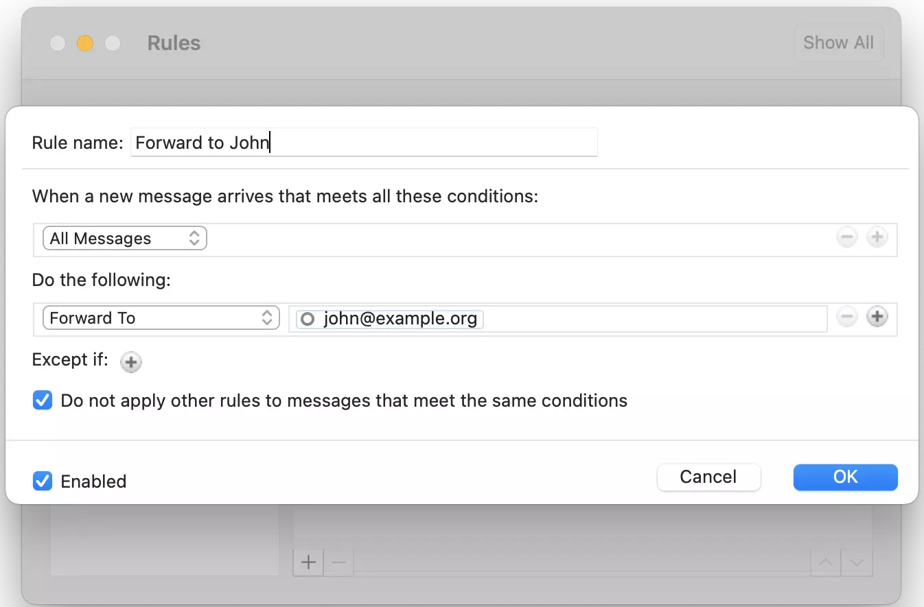 Outlook for Mac menu bar: Rules configuration window Outlook for Mac menu bar: Rules configuration window