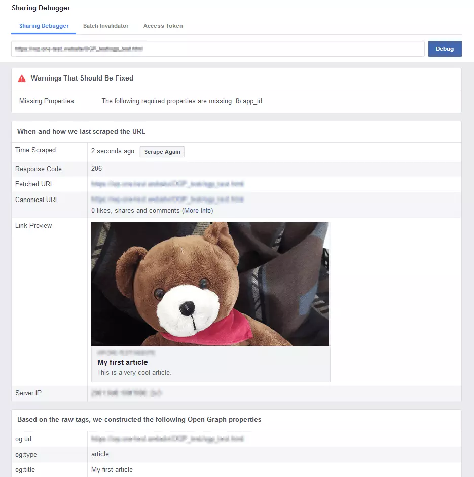 Image: Facebook’s Sharing Debugger for checking Open Graph