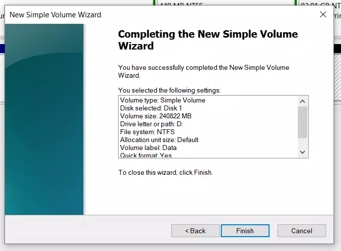 Image: The final window of the New Simple Volume Wizard