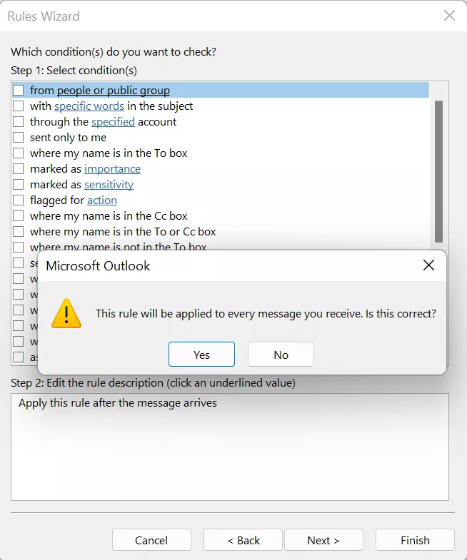 Outlook 365: Rules Wizard – Confirmation of conditions for inbox rules Outlook 365: Rules Wizard – Confirmation of conditions for inbox rules