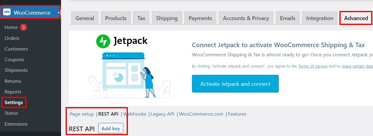 Image: Screenshot of WooCommerce REST API menu in the backend
