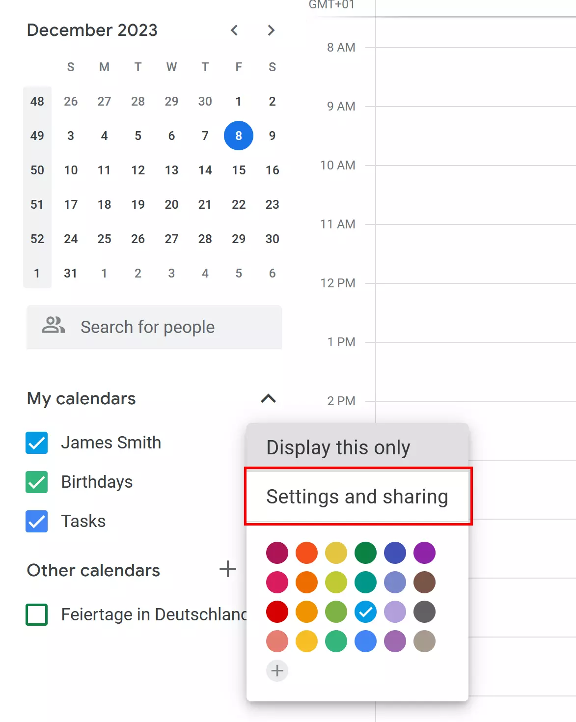 Google Calendar: Settings and Sharing menu Google Calendar: Settings and Sharing menu