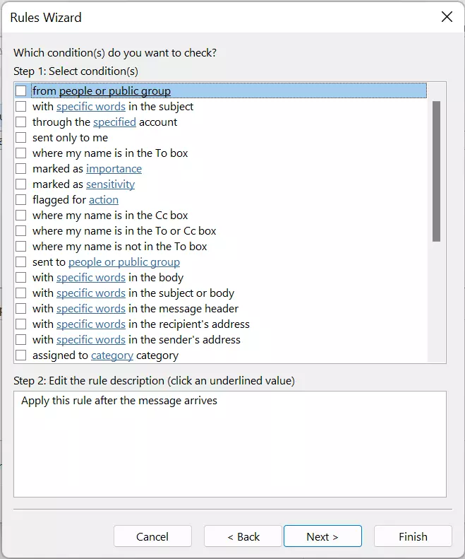 Outlook 365: Rules Wizard – Conditions for inbox rules Outlook 365: Rules Wizard – Conditions for inbox rules