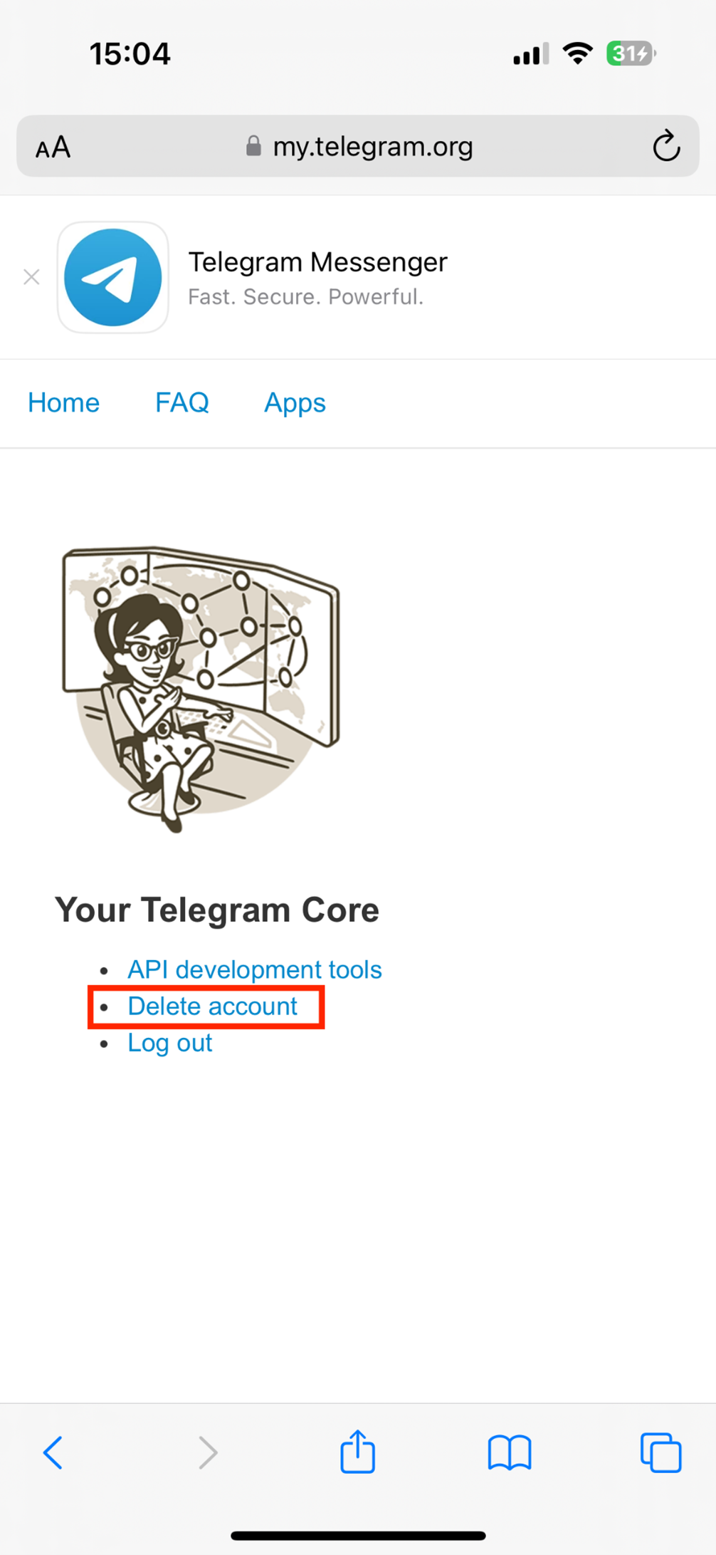 Página web de Telegram para “Eliminar una cuenta”: menú general Página web de Telegram para “Eliminar una cuenta”: menú general