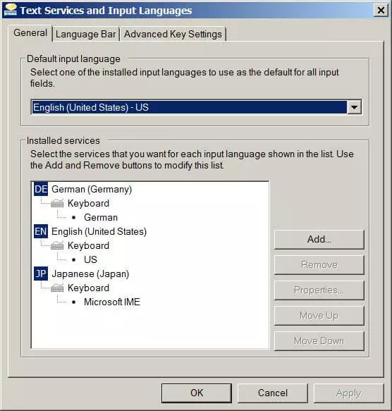 Imagen: Configuración general en Servicios de texto e idiomas de entrada