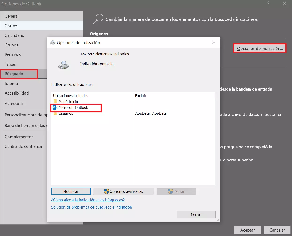 Opciones de indexación de Outlook Imagen: Opciones de indexación de Outlook