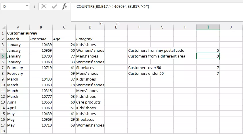 Imagen: Captura de pantalla de una tabla Excel con la función CONTAR.SI.CONJUNTO