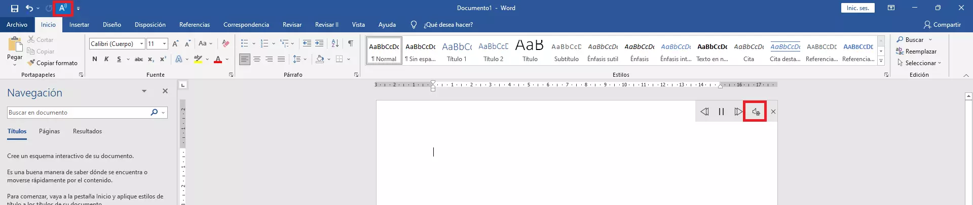 Imagen: Función “Leer en voz alta” activada en Word con el menú de mando