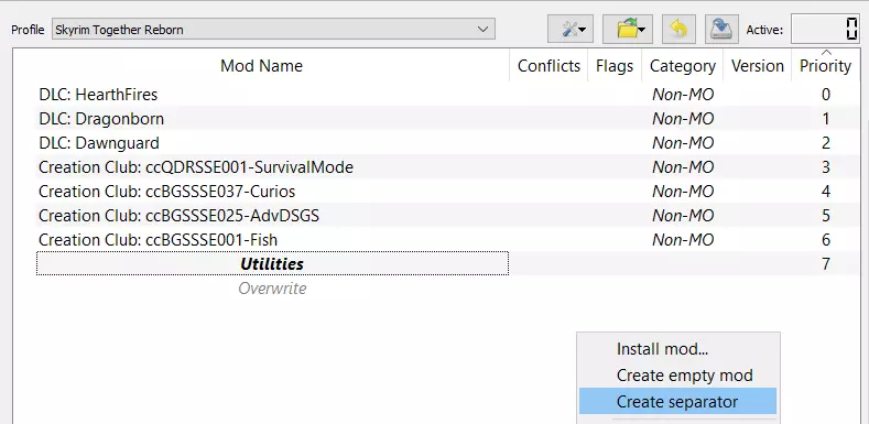 MO2: crear el separador “Utilities” Imagen: MO2: crear el separador “Utilities”