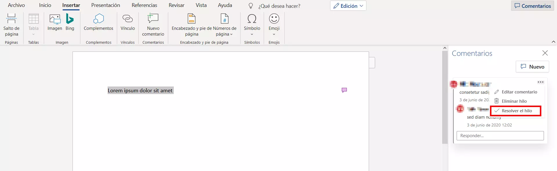 Imagen: Marcar comentario como listo en Word