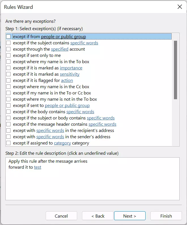 Outlook 365: Rules Wizard - Exceptions list Outlook 365: Rules Wizard - Exceptions list